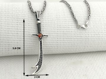925 Ayar Gümüş Kırmızı Taşlı Zülfikar Kral Zincir Kolye