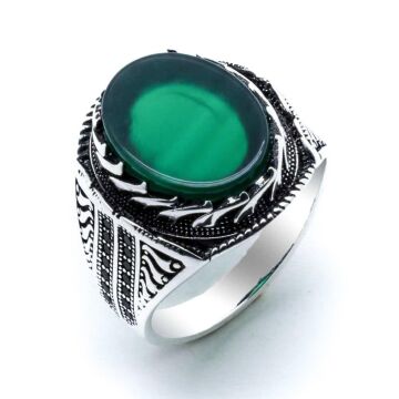 925 Ayar Gümüş Yeşil Akik Taşlı Erkek Yüzük