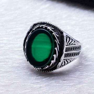925 Ayar Gümüş Yeşil Akik Taşlı Erkek Yüzük
