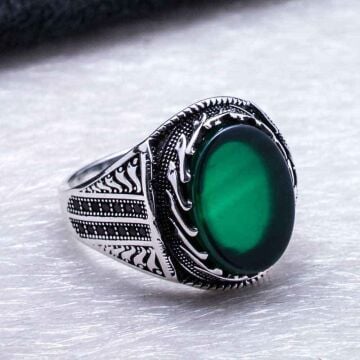 925 Ayar Gümüş Yeşil Akik Taşlı Erkek Yüzük