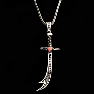 925 Ayar Gümüş Kırmızı Taşlı Zülfikar Kolye