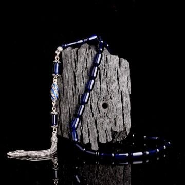 925 Ayar Gümüş Püsküllü Kapsül Kesim Mavi Renk Damla Kehribar Tesbih