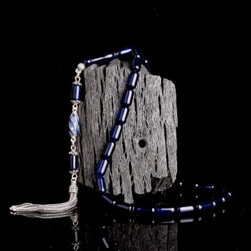 925 Ayar Gümüş Püsküllü Kapsül Kesim Mavi Renk Damla Kehribar Tesbih