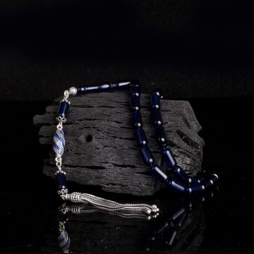 925 Ayar Gümüş Püsküllü Kapsül Kesim Mavi Renk Damla Kehribar Tesbih