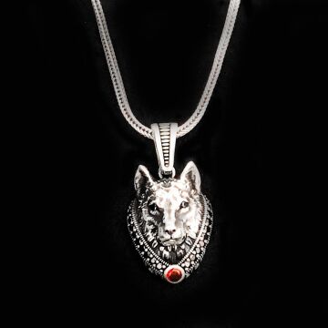 925 Ayar Kırmızı Taşlı Kurt Kafası Kolye