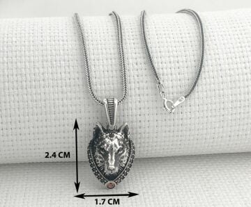 925 Ayar Kırmızı Taşlı Kurt Kafası Kolye