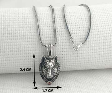 925 Ayar Kırmızı Taşlı Kurt Kafası Kolye