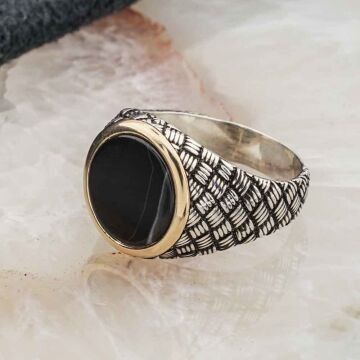 Siyah Yuvarlak Oniks Taşlı Gümüş Erkek Yüzük