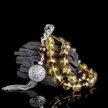 925 Ayar Gümüş Püsküllü Küre Kesim Fosilli Damla Kehribar Tesbih