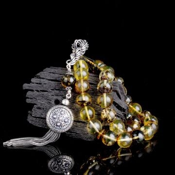 925 Ayar Gümüş Püsküllü Küre Kesim Fosilli Damla Kehribar Tesbih