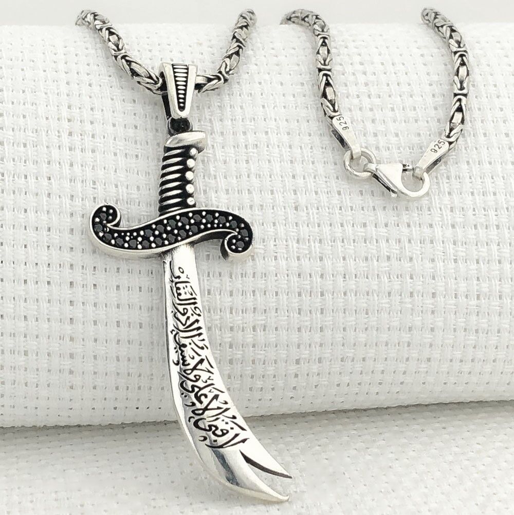 925 Ayar Gümüş La Feta İlla Ali La Seyfe İlla Yazılı Zülfikar Kral Zincir Kolye