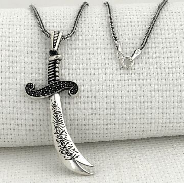 925 Ayar Gümüş La Feta İlla Ali La Seyfe İlla Yazılı Zülfikar Kolye