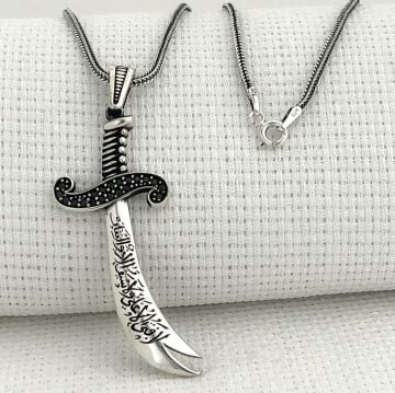 925 Ayar Gümüş La Feta İlla Ali La Seyfe İlla Yazılı Zülfikar Kolye