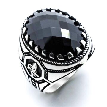 925 Ayar Gümüş Siyah Zirkon  Taşlı Osmanlı Tuğra Detaylı  Yüzük