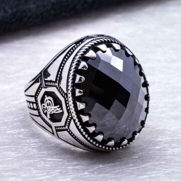 925 Ayar Gümüş Siyah Zirkon  Taşlı Osmanlı Tuğra Detaylı  Yüzük