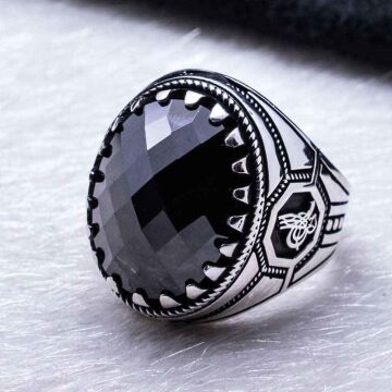 925 Ayar Gümüş Siyah Zirkon  Taşlı Osmanlı Tuğra Detaylı  Yüzük