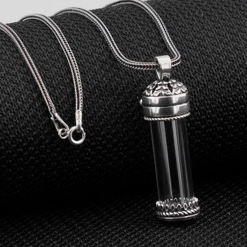 Açılabilir Cam Tüp Tasarımlı 925 Ayar Gümüş Cevşen Dua Kabı Kolye