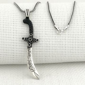 925 Ayar Gümüş La Feta İlla Ali La Seyfe İlla Yazılı Zülfikar Kolye