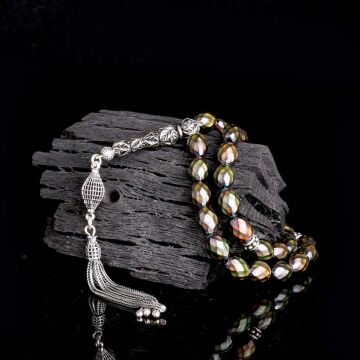 925 Ayar Gümüş Püsküllü Renk Değiştiren Arpa Kesim His Taşı Tesbih