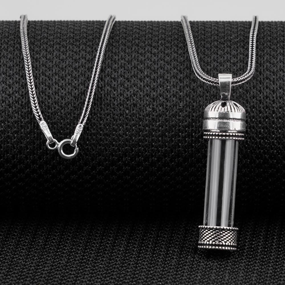 Açılabilir Cam Tüp Tasarımlı 925 Ayar Gümüş Cevşen Dua Kabı Kolye