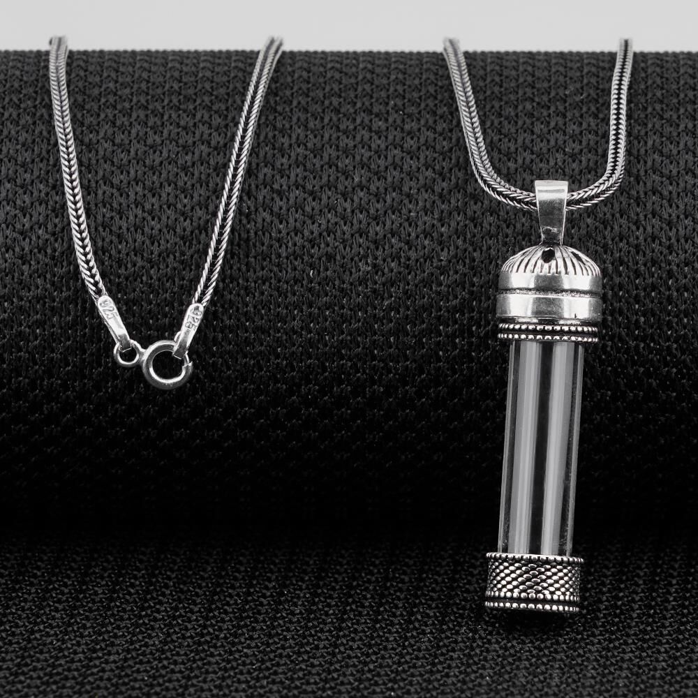 Açılabilir Cam Tüp Tasarımlı 925 Ayar Gümüş Cevşen Dua Kabı Kolye