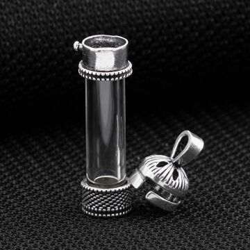 Açılabilir Cam Tüp Tasarımlı 925 Ayar Gümüş Cevşen Dua Kabı Kolye