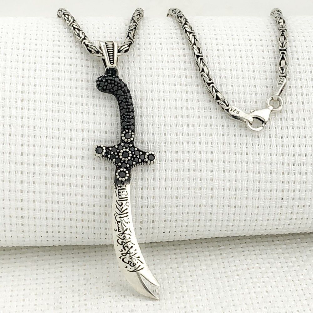 925 Ayar Gümüş La Feta İlla Ali La Seyfe İlla Yazılı Zülfikar Kral Zincir Kolye