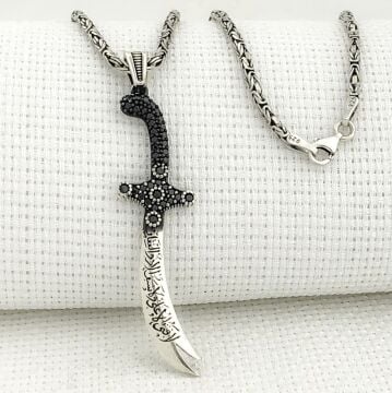 925 Ayar Gümüş La Feta İlla Ali La Seyfe İlla Yazılı Zülfikar Kral Zincir Kolye