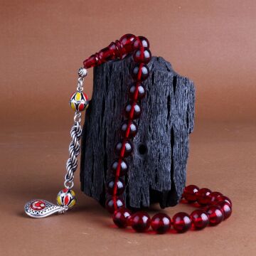 925 Ayar Gümüş Püsküllü Sarı Kırmızı Renk Ateş Kehribar Ayyıldız Bileklik Kombini