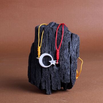 925 Ayar Gümüş Püsküllü Sarı Kırmızı Renk Ateş Kehribar Ayyıldız Bileklik Kombini