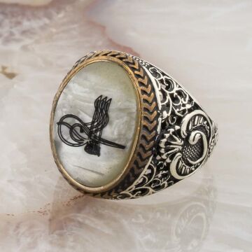 Sedef Taşlı Osmanlı Tuğralı Gümüş Yüzük