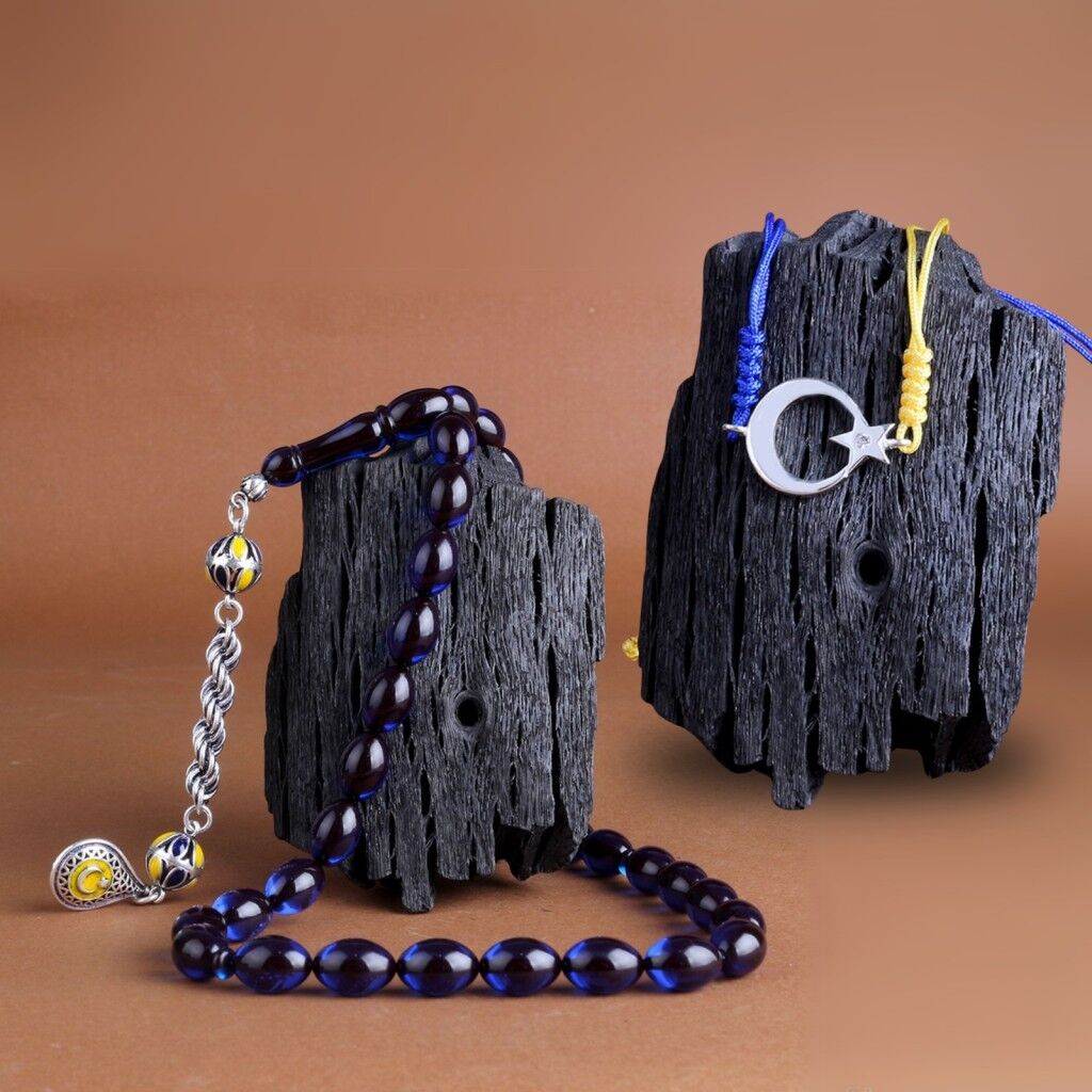 925 Ayar Gümüş Püsküllü Sarı Lacivert Ateş Kehribar Ayyıldız Bileklik Kombini