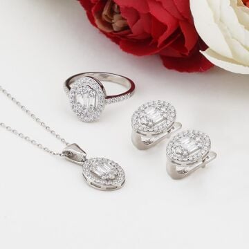 Oval Baget Zirkon Taşlı Gümüş Bayan Set