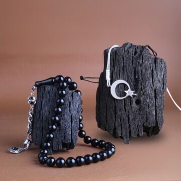 925 Ayar Gümüş Püsküllü Siyah Beyaz Ateş Kehribar Ayyıldız Bileklik Kombini