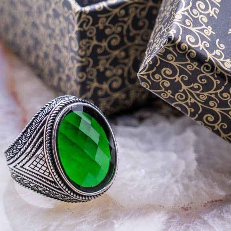 925 Ayar Gümüş Yeşil Zirkon Taşlı Erkek Yüzük Model 6