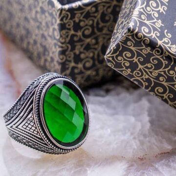 925 Ayar Gümüş Yeşil Zirkon Taşlı Erkek Yüzük Model 6