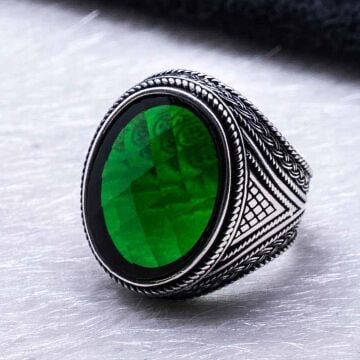 925 Ayar Gümüş Yeşil Zirkon Taşlı Erkek Yüzük Model 6