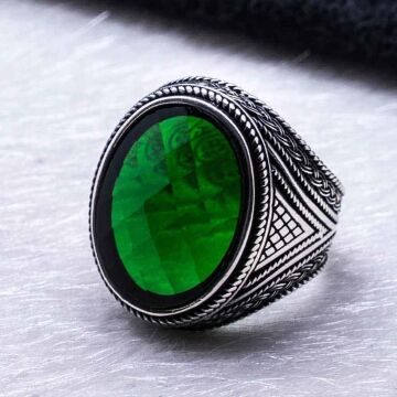 925 Ayar Gümüş Yeşil Zirkon Taşlı Erkek Yüzük Model 6