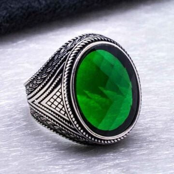 925 Ayar Gümüş Yeşil Zirkon Taşlı Erkek Yüzük Model 6