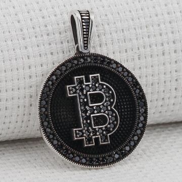 Bitcoin 925 Ayar Gümüş Deri İpli Kolye