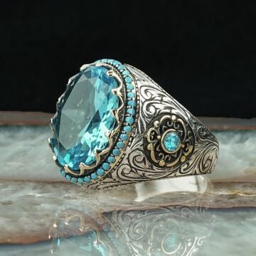 Mavi Topaz Taşlı Gümüş Erkek Yüzük