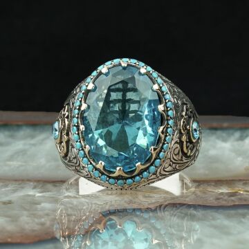 Mavi Topaz Taşlı Gümüş Erkek Yüzük