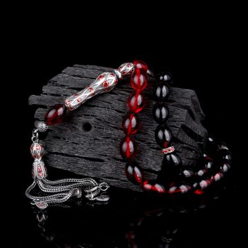 925 Ayar Gümüş Zirkon Taşlı Gümüş Püsküllü Süzme Renk Ateş Kehribar Tesbih