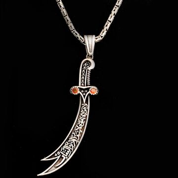 925 Ayar Gümüş Kırmızı Taşlı La Feta İlla Ali La Seyfe İlla Zülfikar Kral Zincir Kolye