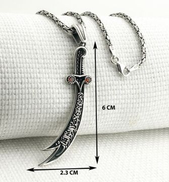 925 Ayar Gümüş Kırmızı Taşlı La Feta İlla Ali La Seyfe İlla Zülfikar Kral Zincir Kolye