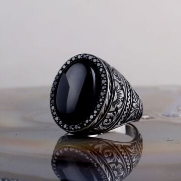 925 Ayar Gümüş Onix Taşlı Desen Motifli Erkek Yüzük