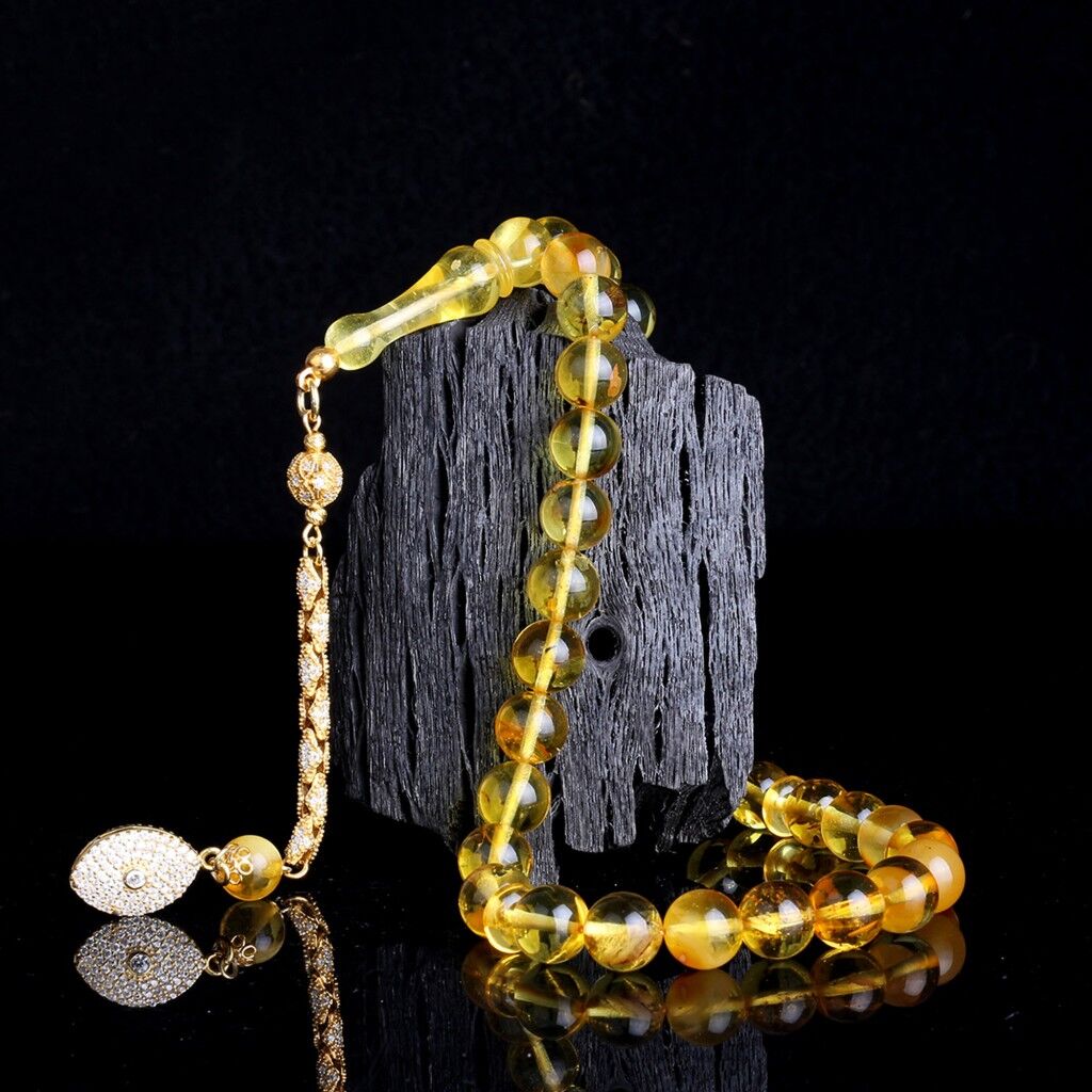 925 Ayar Gümüş Zirkon Taşlı Püsküllü Orjinal Damla Kehribar Tesbih