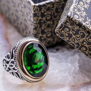 925 Ayar Gümüş Yeşil Zirkon  Taşlı Erkek  Yüzük Model 4