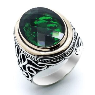 925 Ayar Gümüş Yeşil Zirkon  Taşlı Erkek  Yüzük Model 4