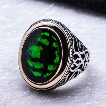 925 Ayar Gümüş Yeşil Zirkon  Taşlı Erkek  Yüzük Model 4